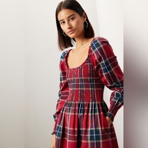 Hill House The Nap Dress Red Plaid Smocked Mini Dress Long Sleeve XS Cottagecore
